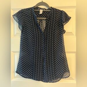 H&M Navy Polka Dot Button Down Blouse